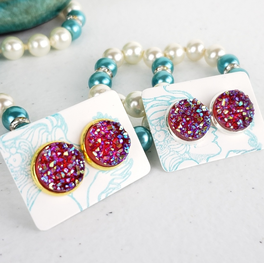 6/$20 Dark Red Sparkle Druzy Stud Earrings